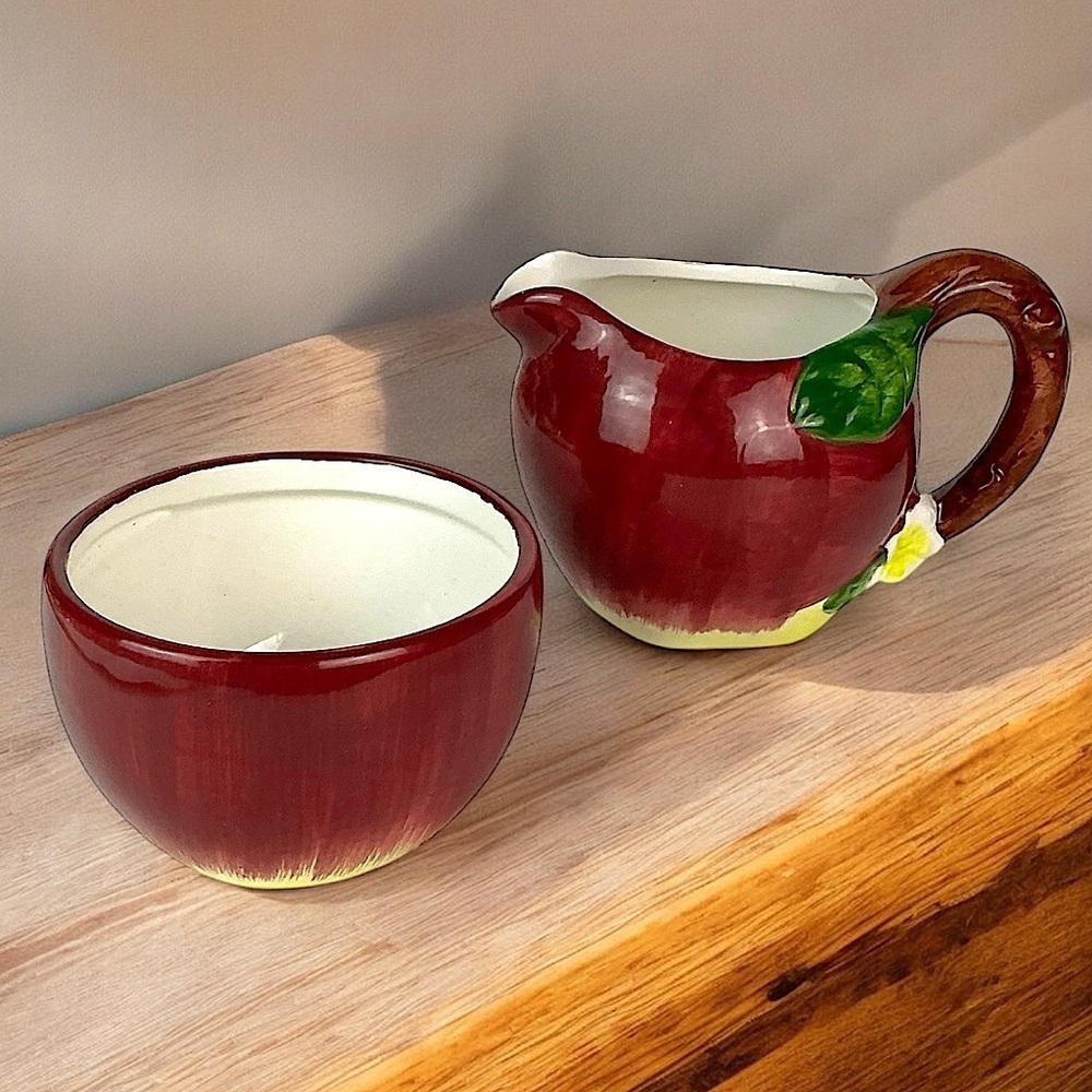 Vintage Hand Painted Apple Distinctive Design MR Ceramic Creamer Sugar Bowl Set